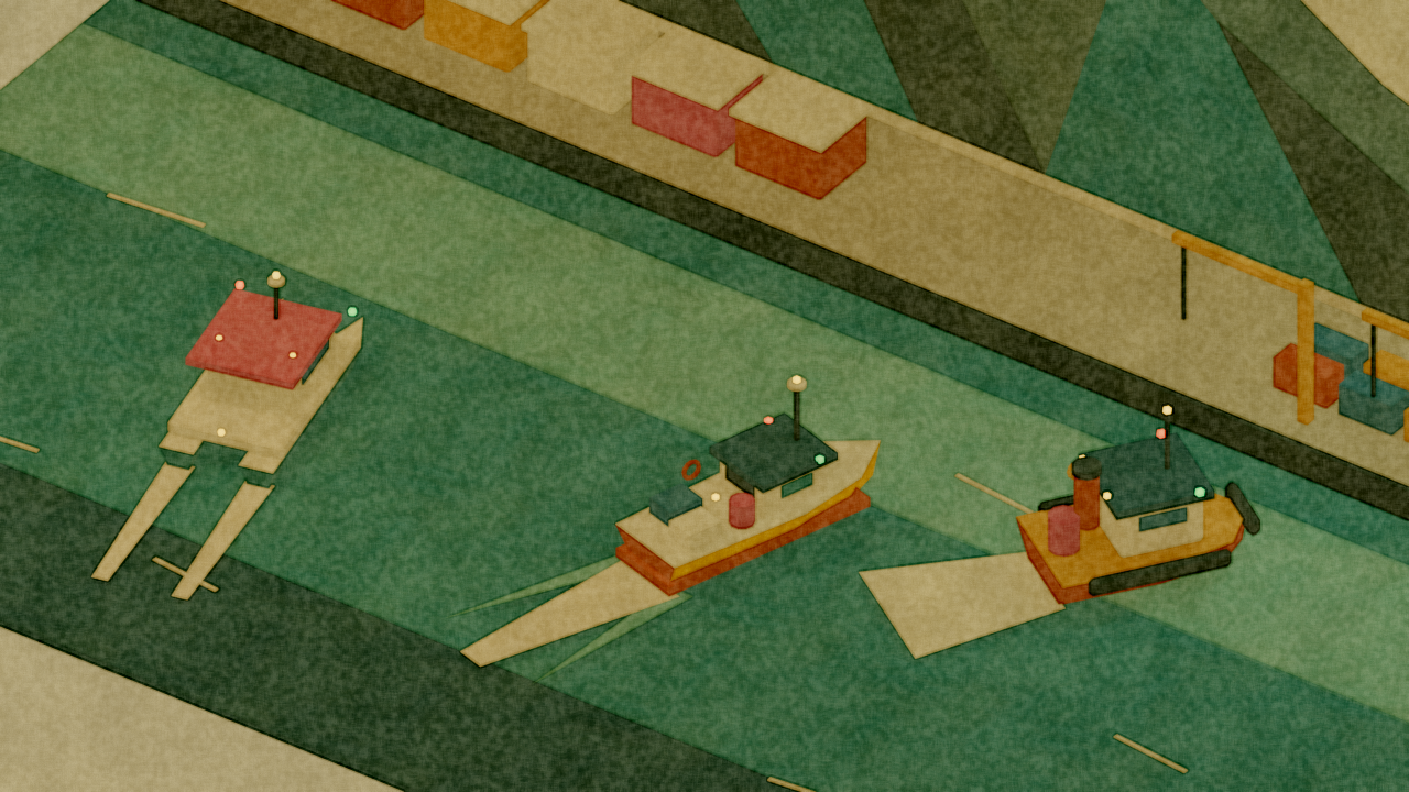 A diagonal painted harbour with three small Cape vessels on layered teal water.
