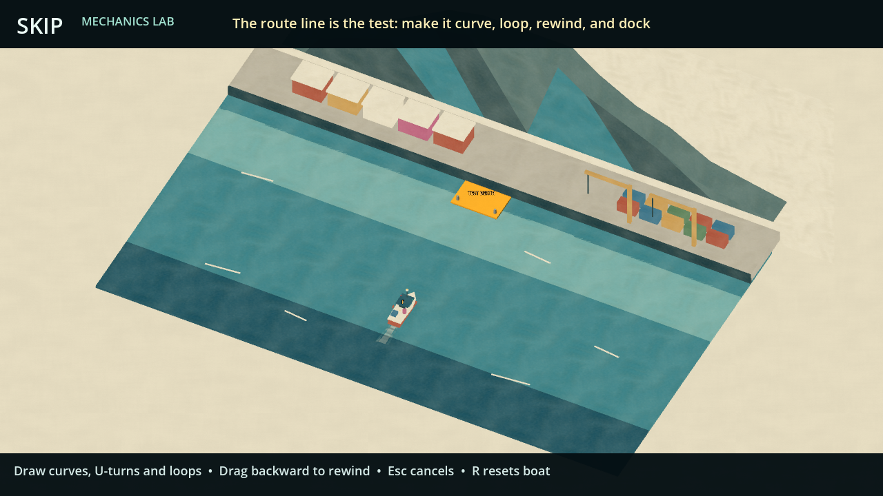 Current mechanics lab with a fishing boat, dock and painted harbour.