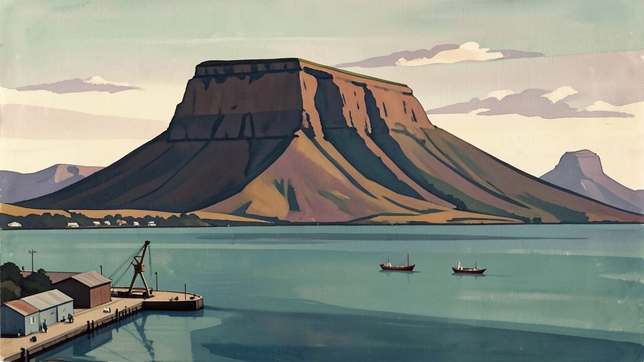 Painted Table Bay direction study with monumental Table Mountain, a small working quay and two boats on calm mineral-teal water.